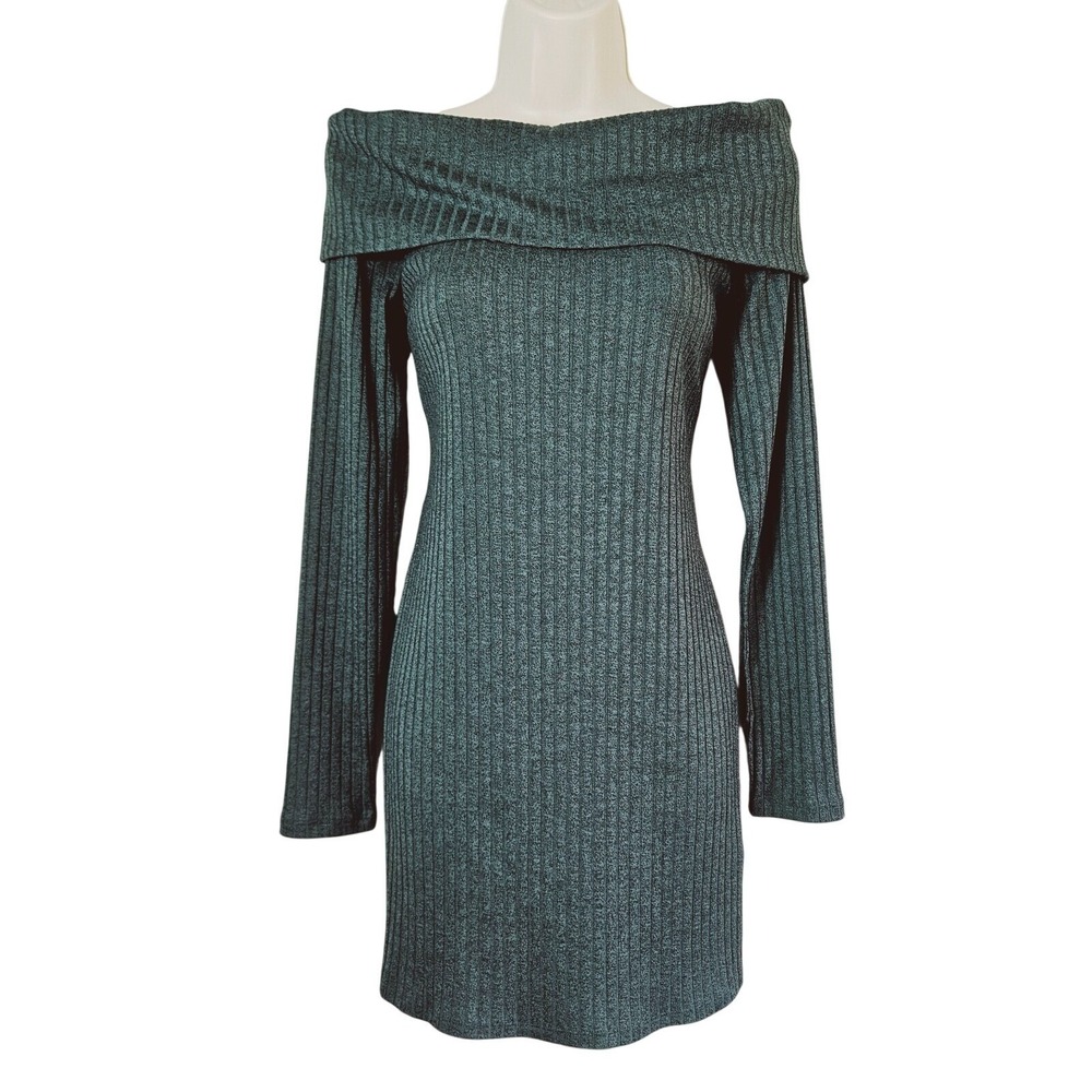 Silence + Noise Green Ribbed Off Shoulder Dress L Urban Outfitter‎ Grunge Indie